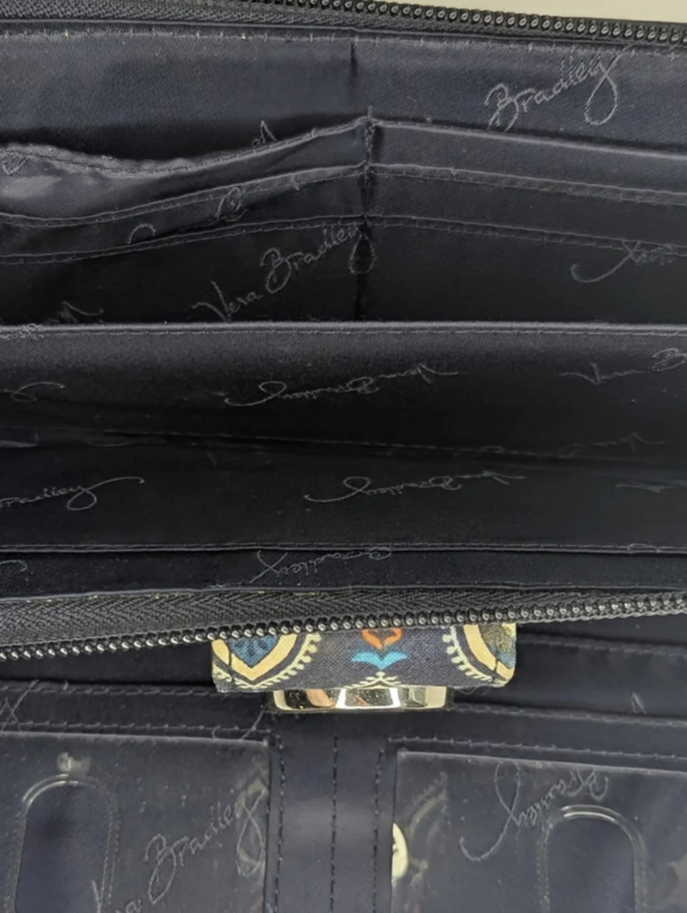 Vera Bradley Navy RFID Turn Lock Wallet Marrakech Motif 5x7" - Picture 8 of 11